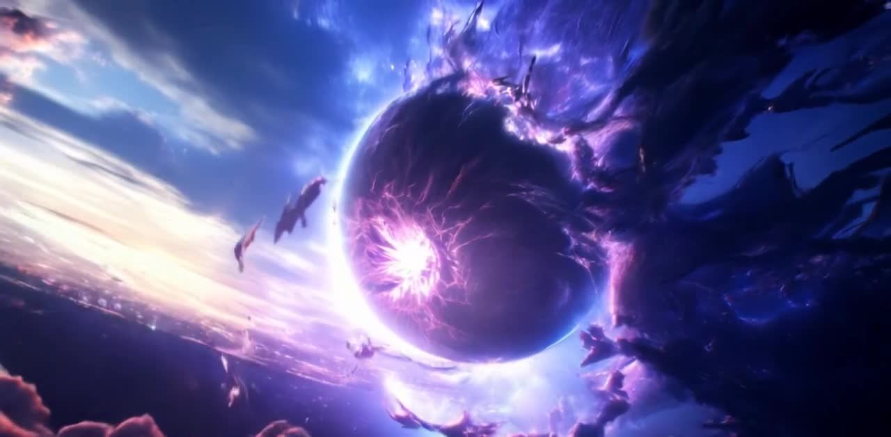 紫色能量球与飞鸟状生物对抗场景