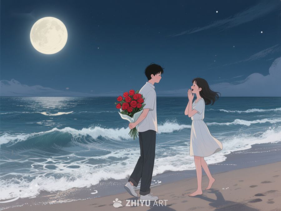 月下海边情侣相望 1199