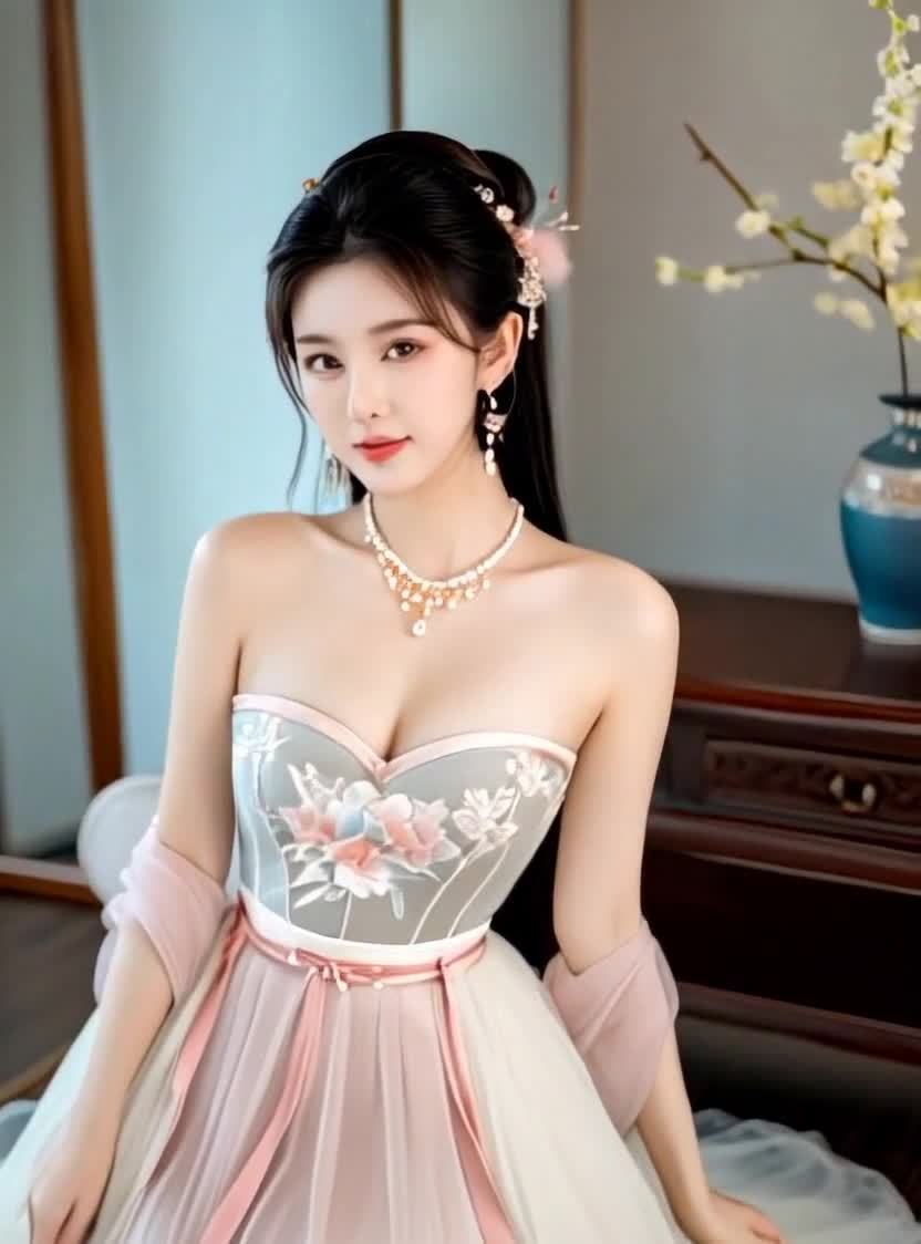着抹胸礼服的古典美人，含笑凝视镜头。