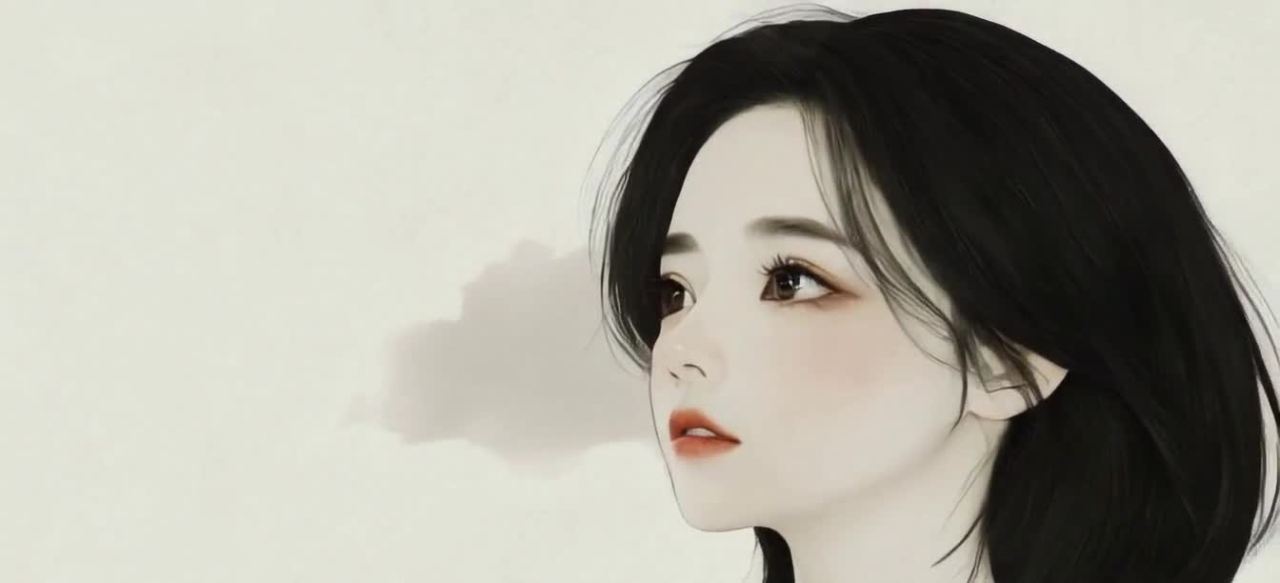 一个年轻女性的侧脸绘图。她的头发是黑色的，并向后梳