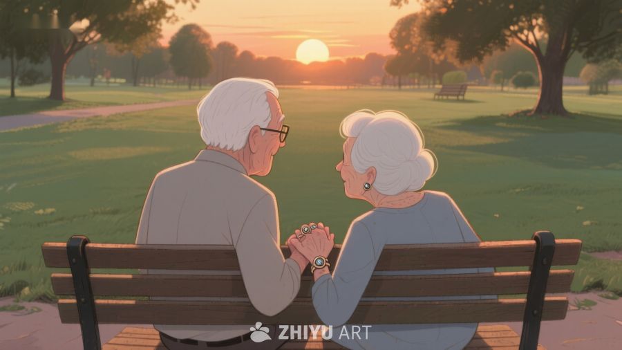 夕阳下公园长椅上的老年夫妇 505