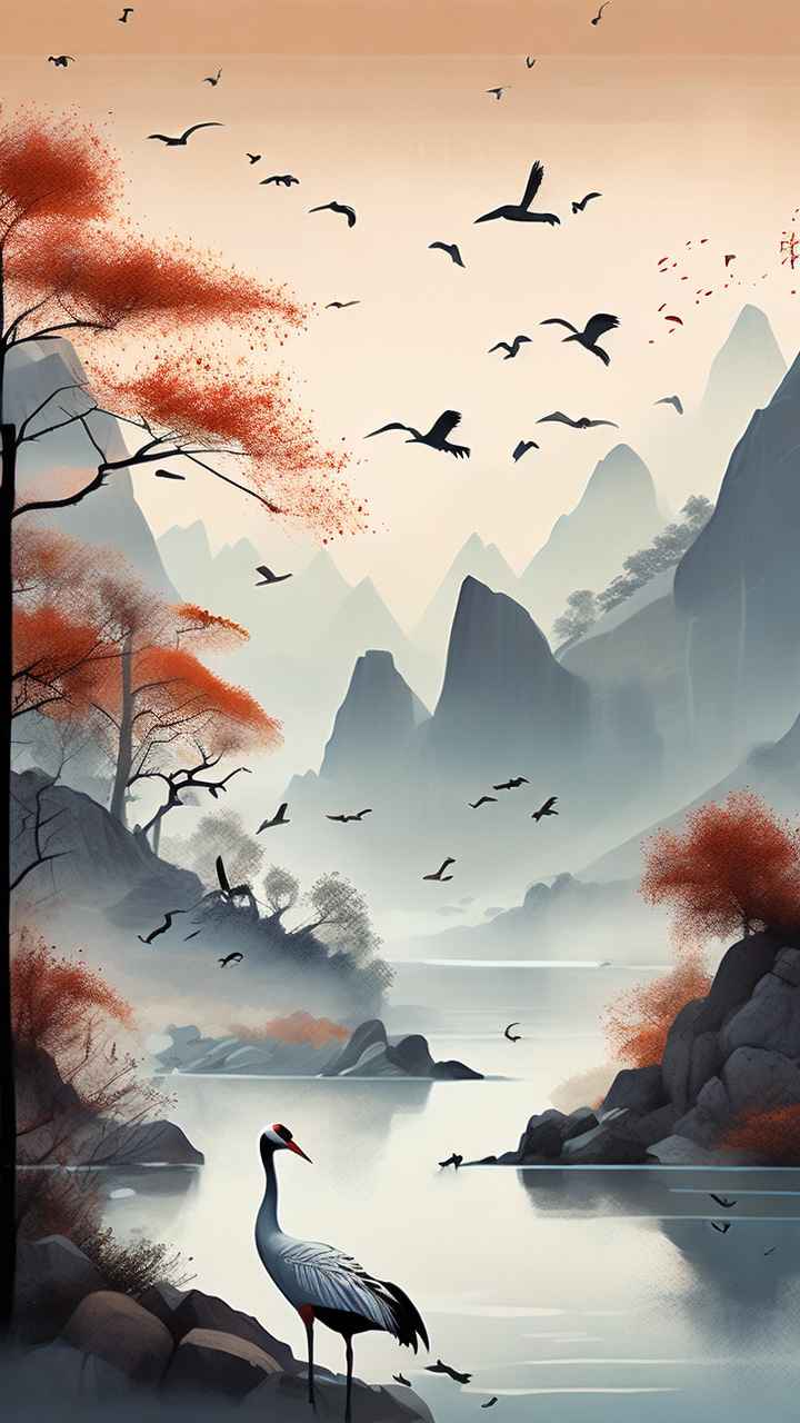 国风鹤山水风景插画 5