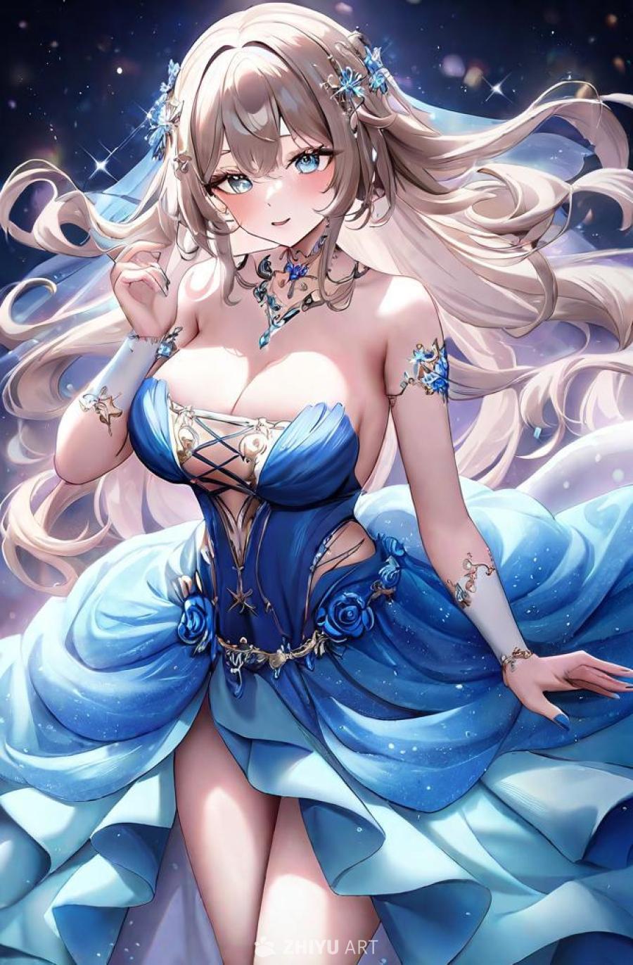 一位穿着蓝色蓬蓬裙和紧身胸衣上衣的女性。她有着淡金