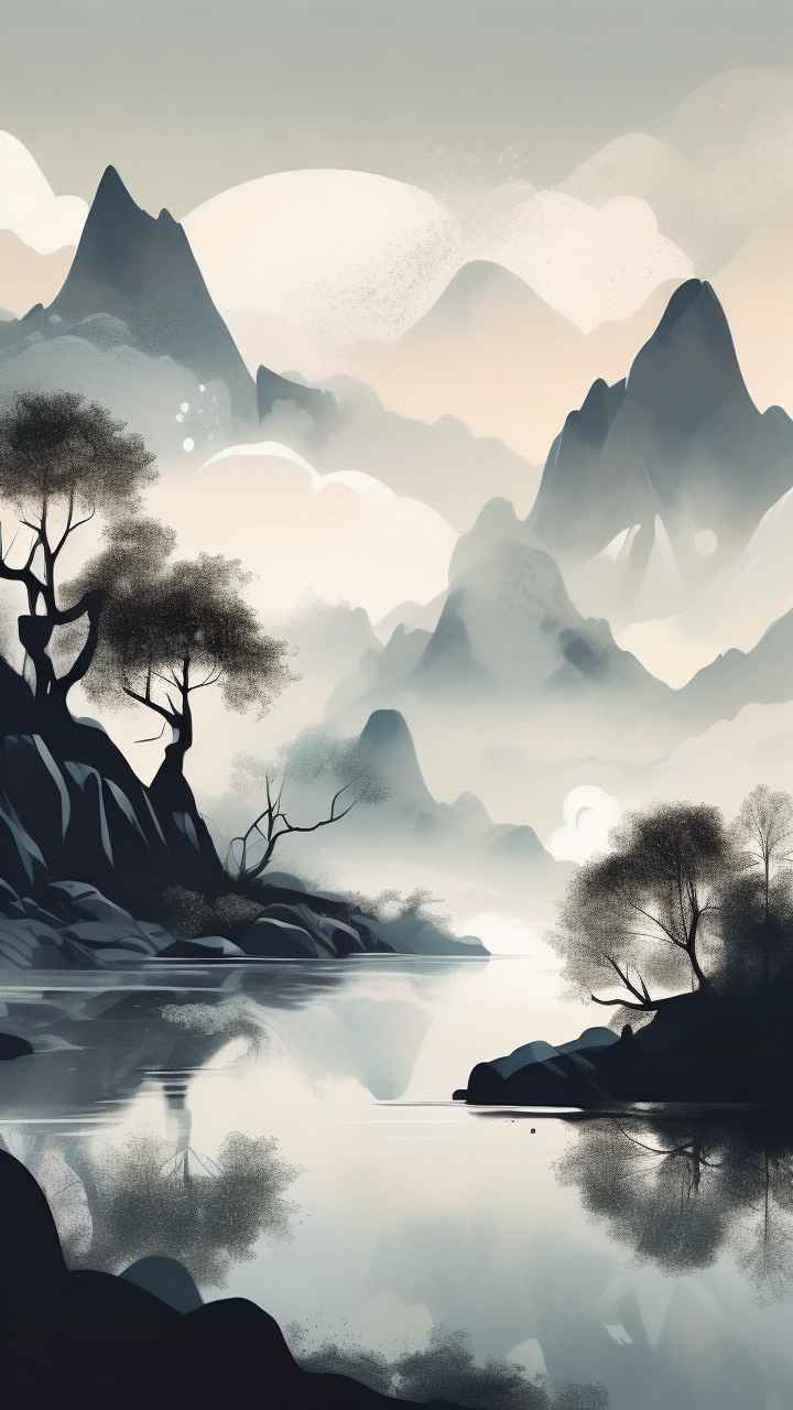 国风水彩画山水风景插画 99