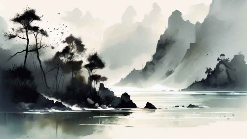 雾气缭绕水墨山水画简约风格 72