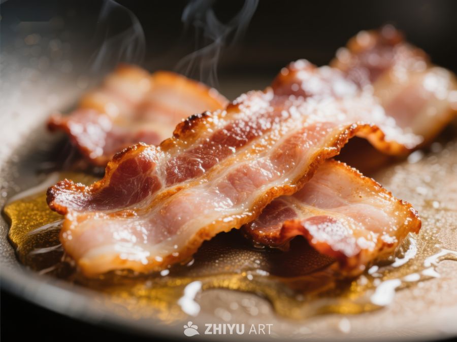 煎锅中的培根，热气腾腾