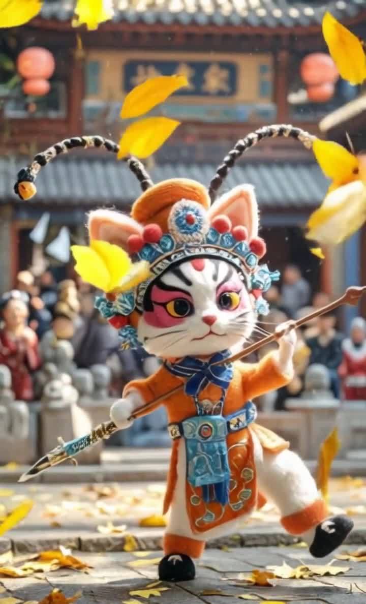 猫戏装扮手持长矛，古风背景下舞动姿态。