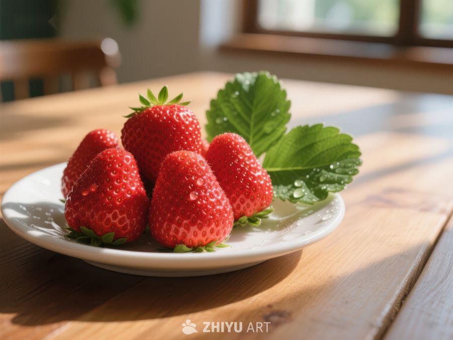 新鲜草莓配绿叶置于盘中 522