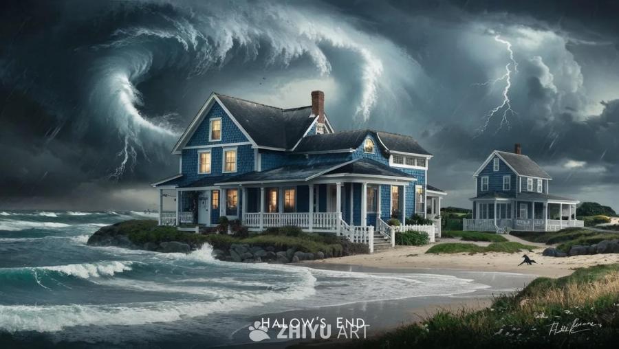 海边沙滩上，两栋房屋在狂风暴雨的天气下。其中一栋房