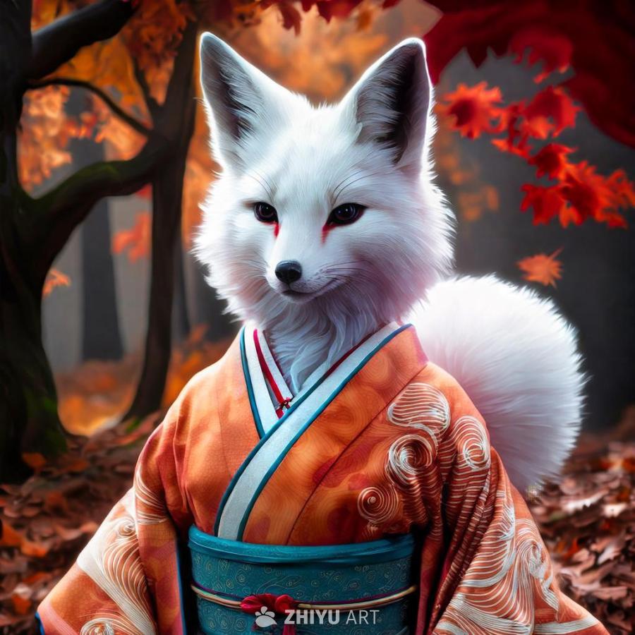 一只白色狐狸，身穿秋季颜色的和服，和服上有新艺术风