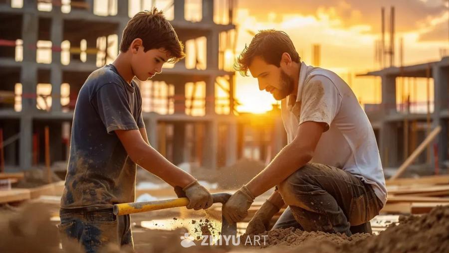 一名年轻男子和一名成年男子在建筑工地。他们两人手持