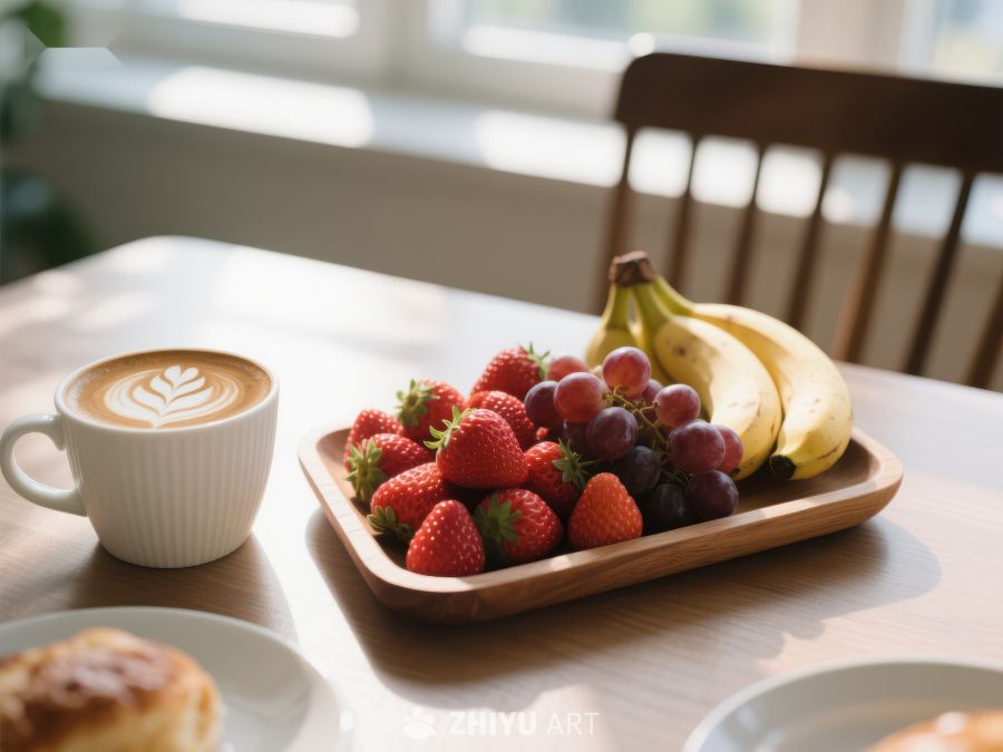 早餐桌上的水果拼盘与咖啡 710