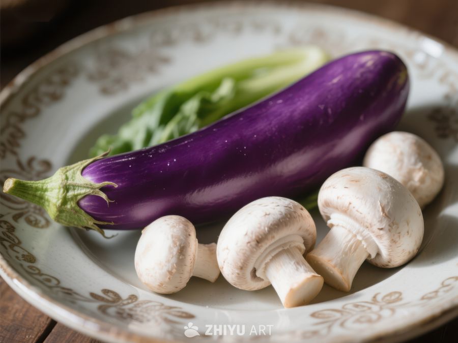 盘中茄子蘑菇与绿叶蔬菜 263