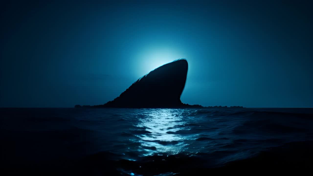 夜晚，波涛汹涌的海面上，一座巨大的山丘轮廓在月光下