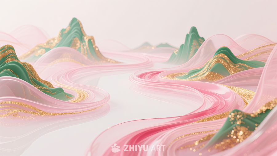 金箔中国风山水河流插画背景素材 1