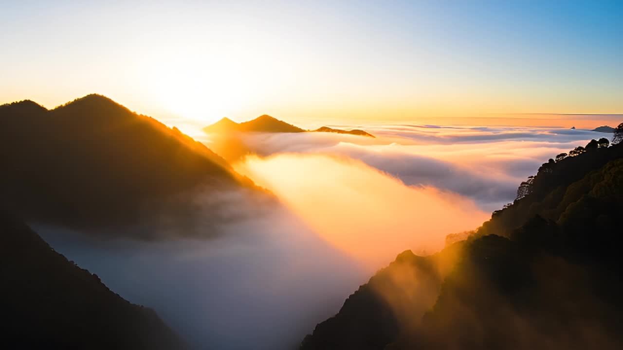 云海覆盖山谷，几座山峰从云层中探出。阳光照射在云层