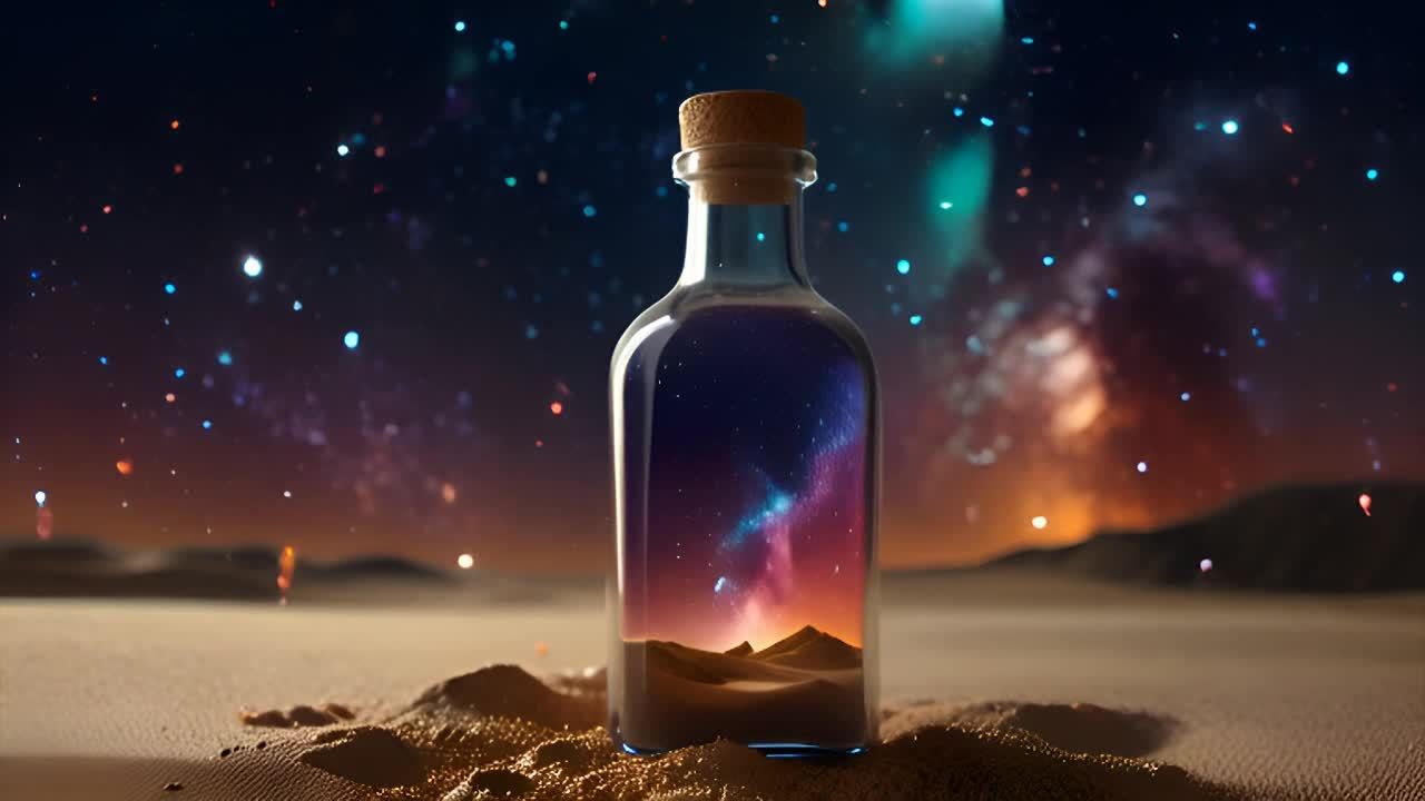 一个玻璃瓶立在沙地上，瓶口用软木塞塞住。瓶子内部呈