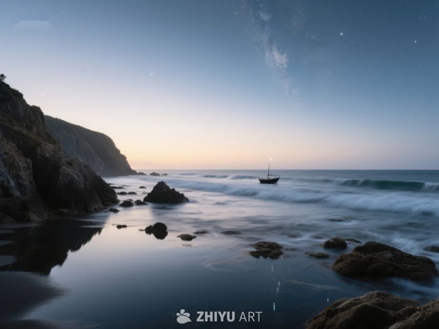 夜幕下的海岸与孤舟 489