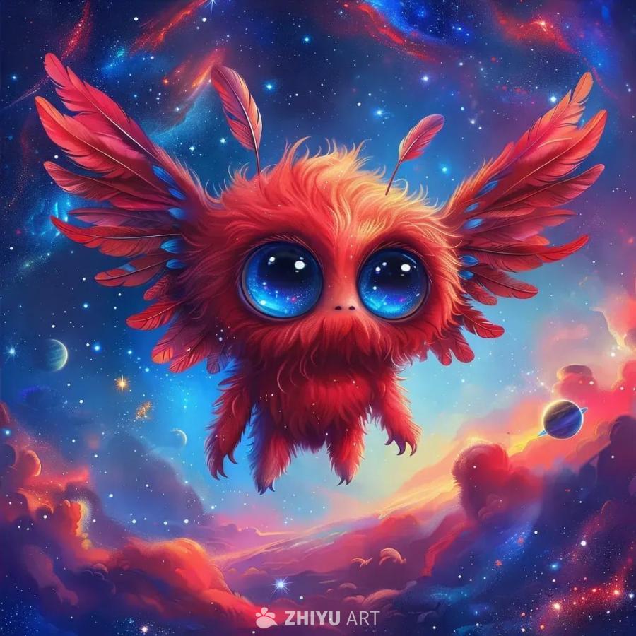 一只长着红色绒毛，蓝色大眼睛的异星生物，背后长着彩