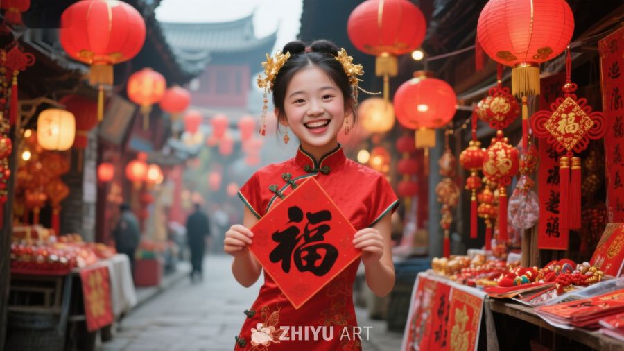 女子手持福字，喜庆街头迎新春 729