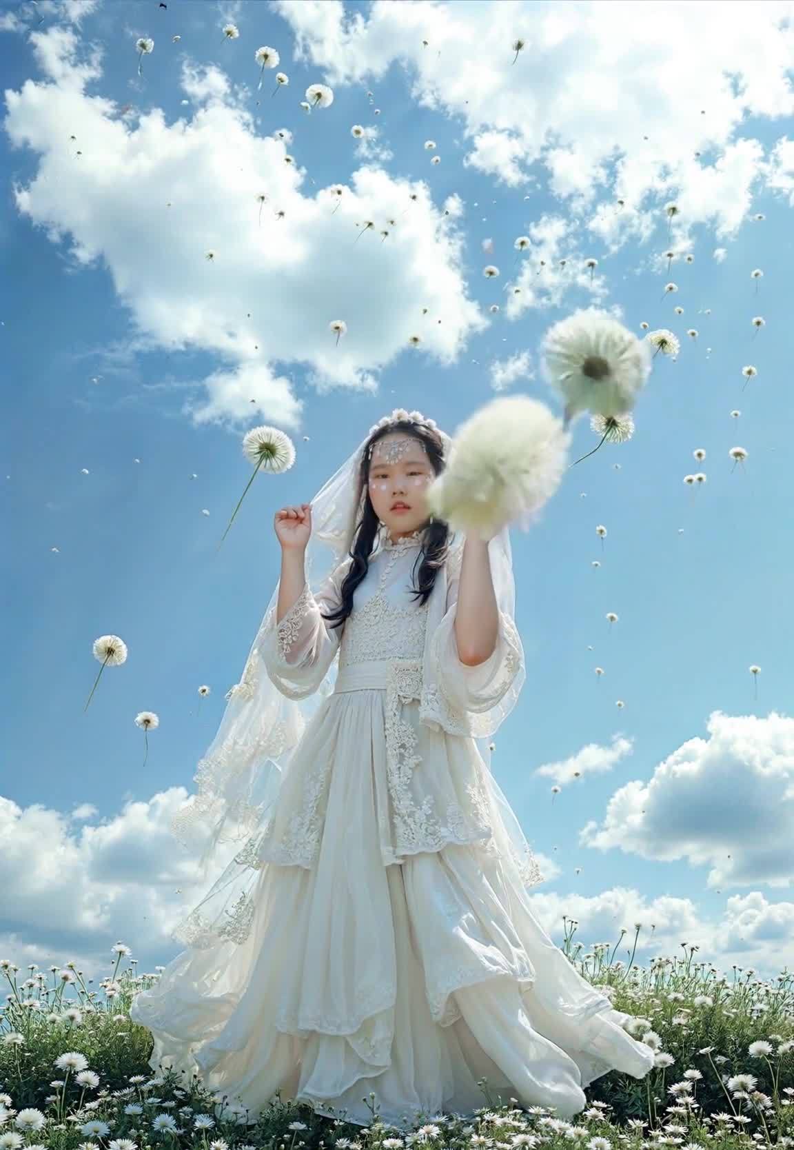 蒲公英花田中穿着蕾丝白裙的女孩