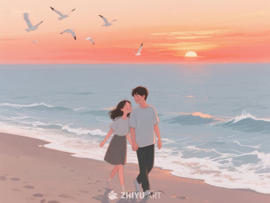 海边漫步的年轻情侣 208