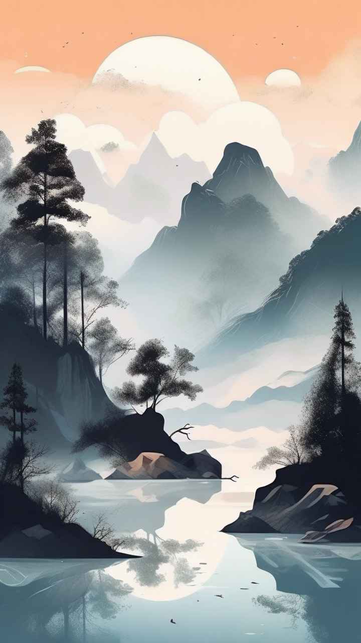 国风水彩画山水风景插画 36