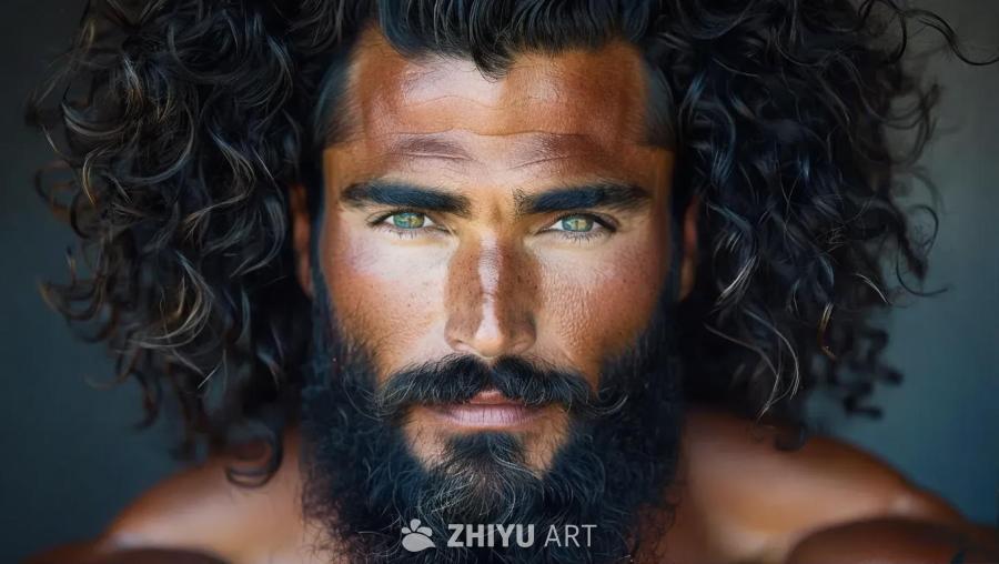 一个有着黑色卷发和大胡子的男人，他的眼睛是浅色的，