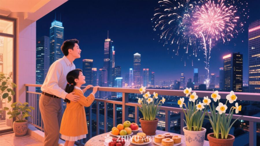 父女阳台赏烟花，城市夜景映衬温馨时刻 214