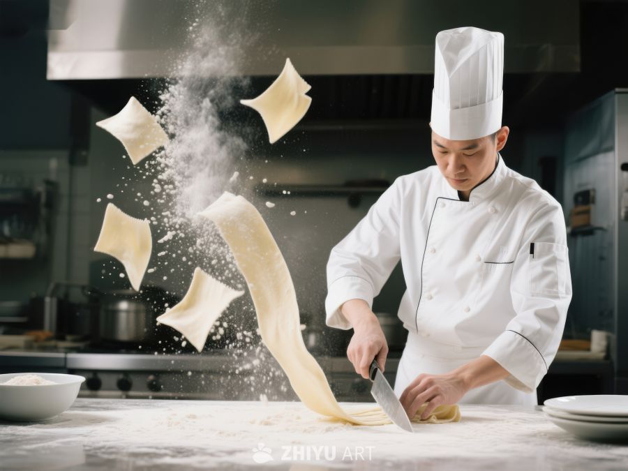 厨师专注制作拉面，面粉飞扬 97