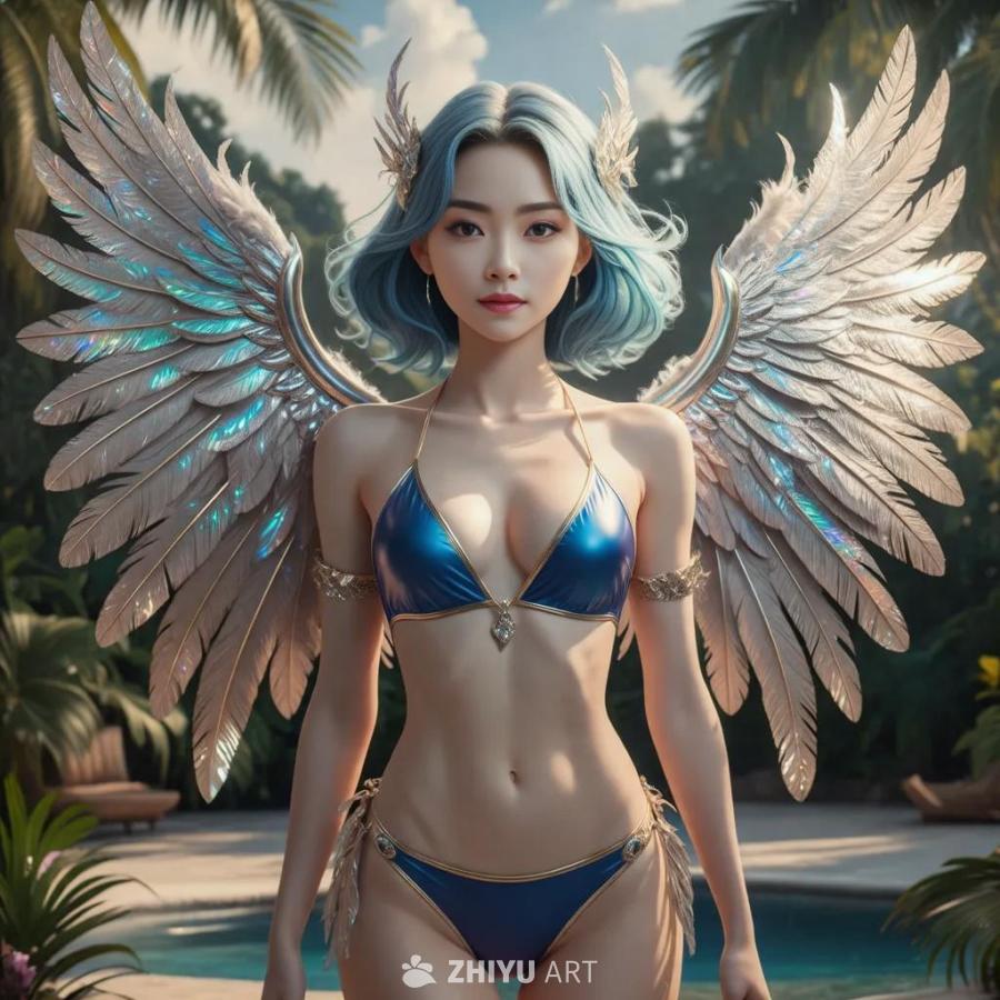 一位蓝发的女性角色，皮肤白皙，面容姣好，身着蓝色比