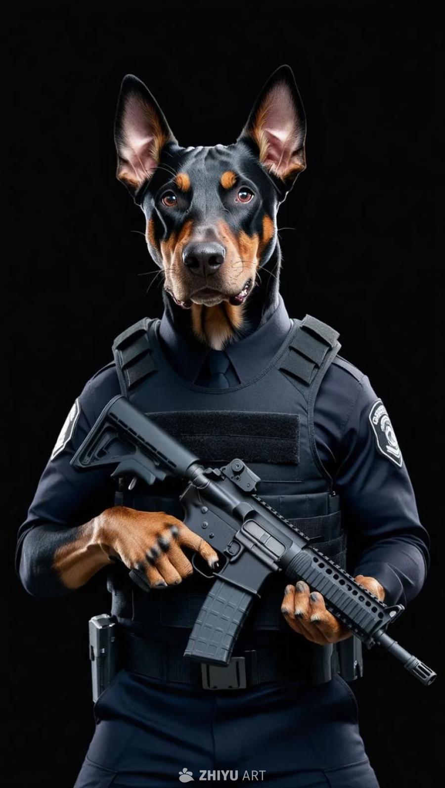 一只杜宾犬人型生物，身穿黑色制服和防弹背心，手持步