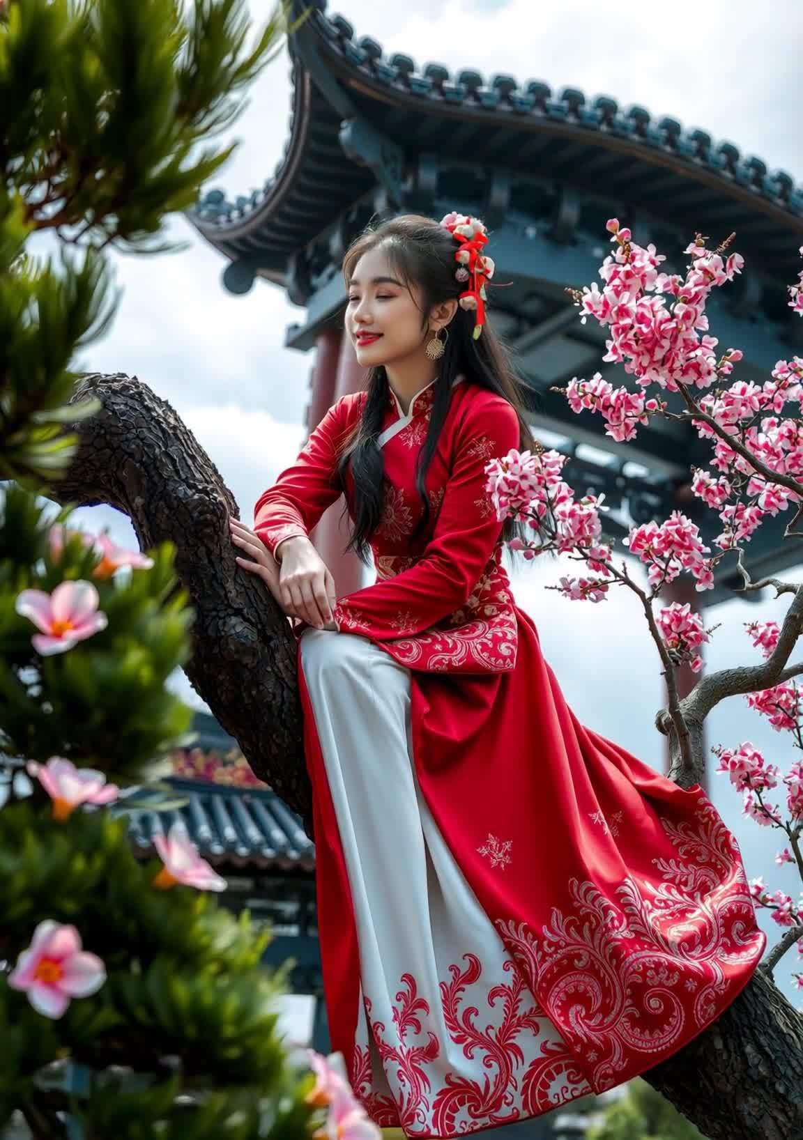 一位身着红色长裙的女孩坐在树上，背景是古建筑和盛开