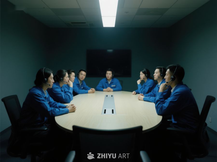 团队会议：统一着装的员工围坐讨论 355