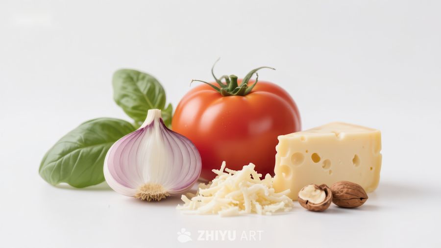 新鲜食材组合：番茄、大蒜、奶酪与香草