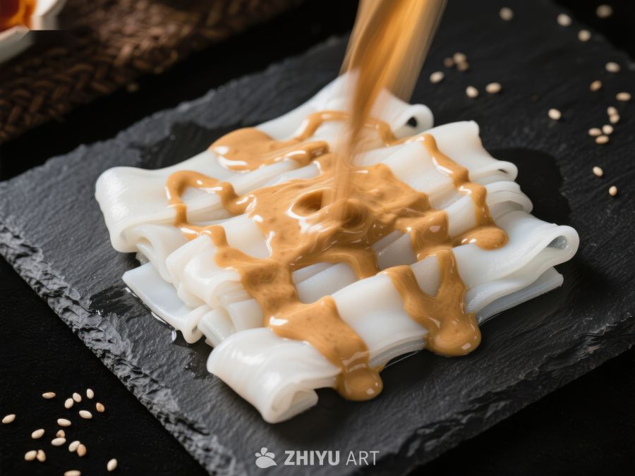 酱汁淋在白色卷状食物上 389