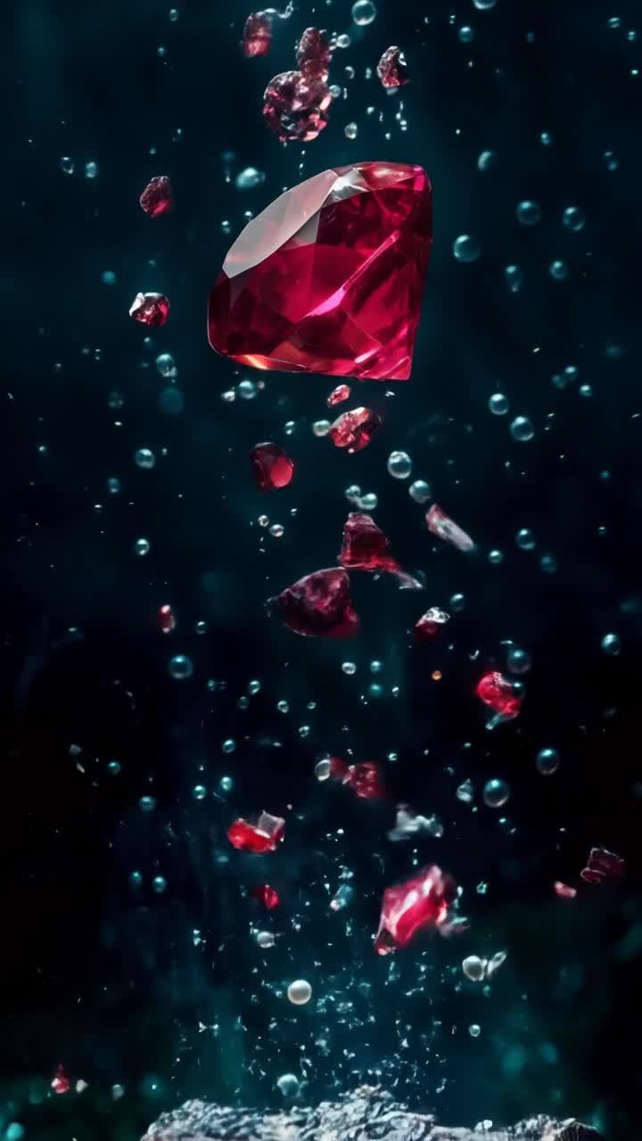 一颗大而光亮的红宝石碎裂成许多小块，每块碎片都在闪