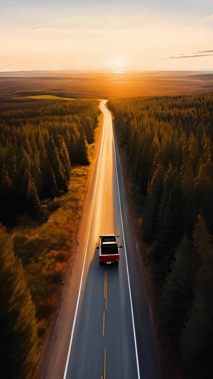 一辆红色皮卡车行驶在一条笔直的道路上，道路延伸至远