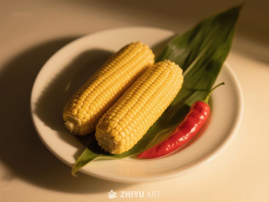 盘中玉米与红椒，绿叶点缀 278