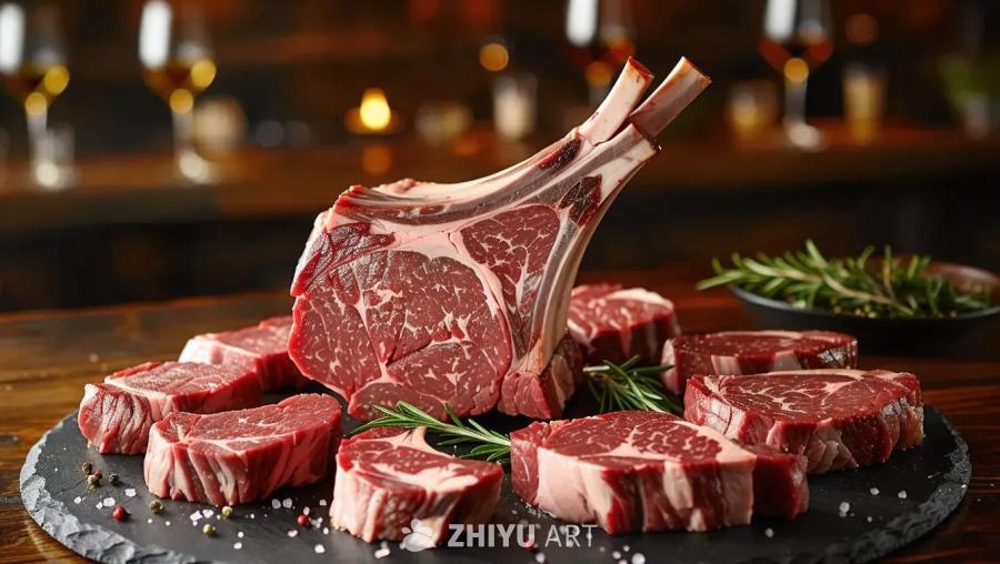 一块巨大的带骨牛肉占据中心位置，周围环绕着数块较小