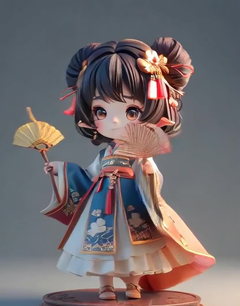 一个穿着古风服饰的卡通小女孩。她头上有两个发髻，用