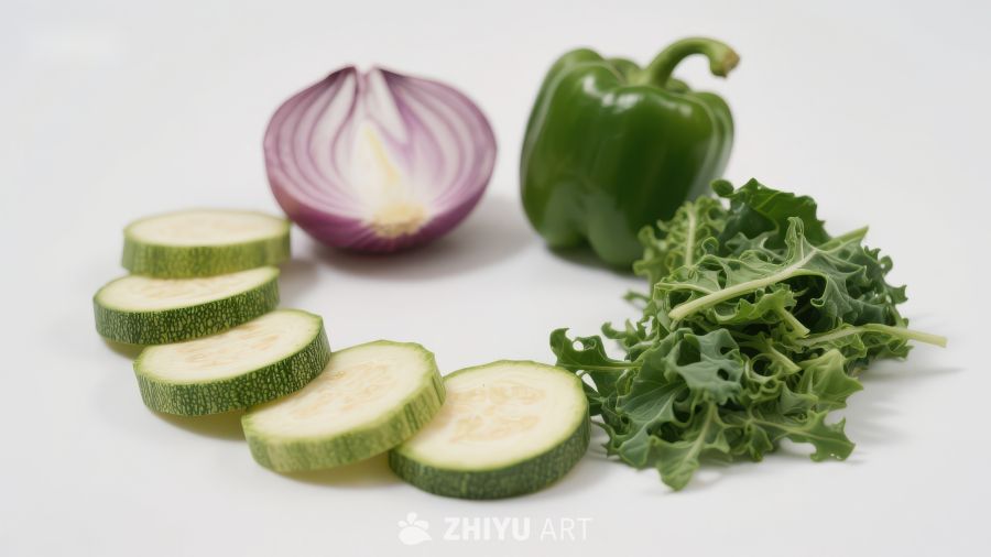 新鲜蔬菜组合：西葫芦、洋葱、青椒和羽衣甘蓝