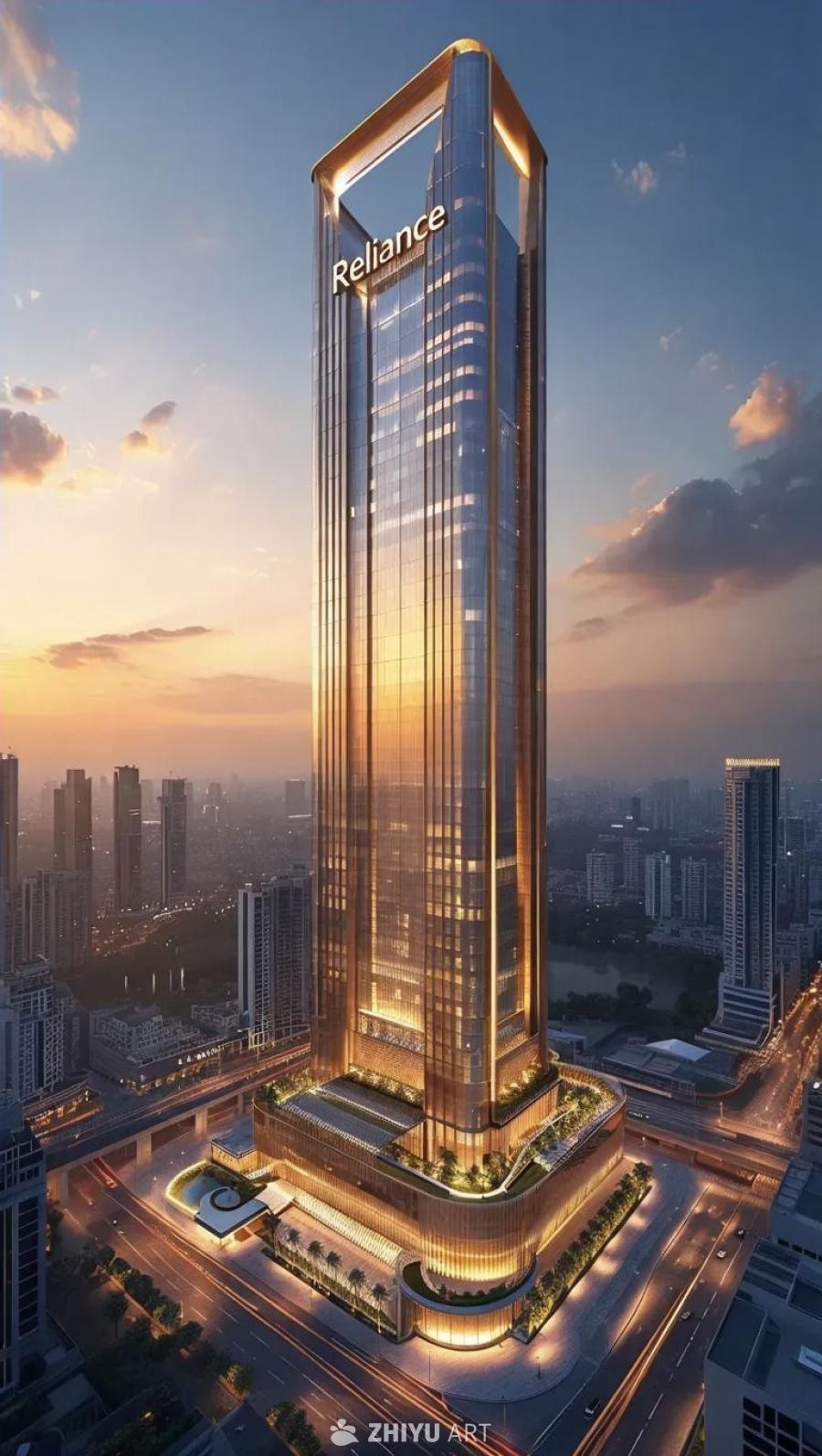 一座高耸的摩天大楼，顶端有“Reliance”字样