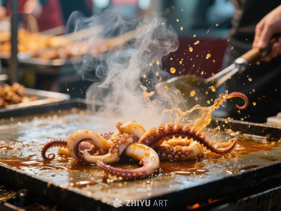 街头美食：烤章鱼的诱人瞬间