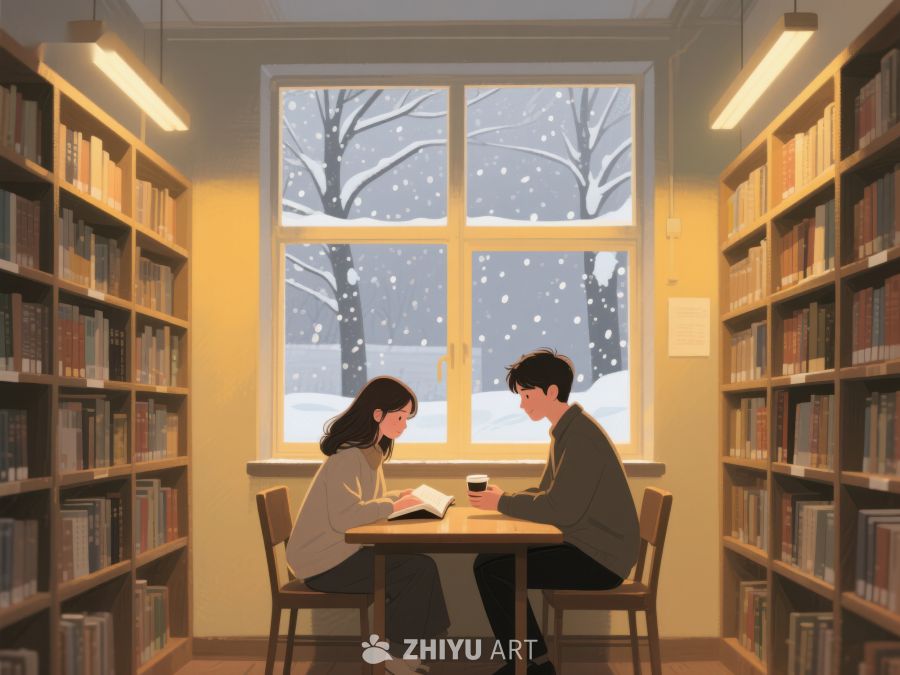 图书馆内雪景中两人共读 679