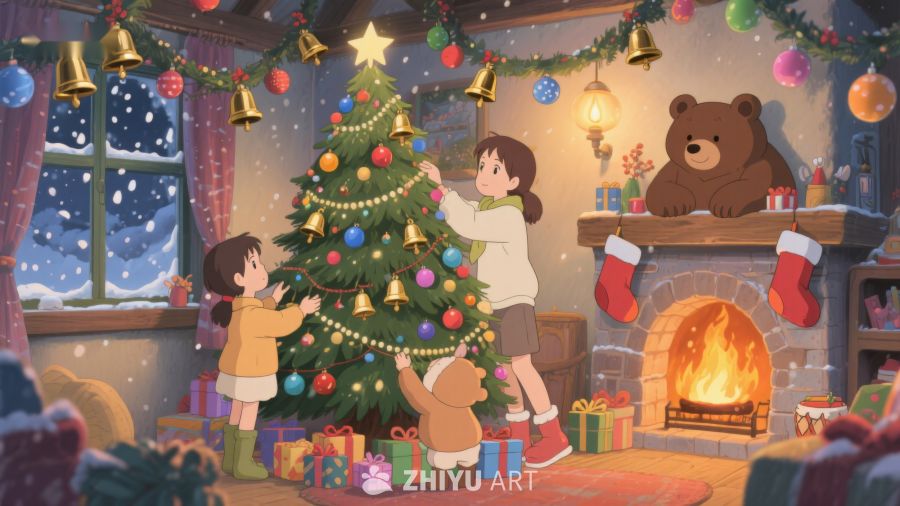温馨圣诞夜，孩子装饰圣诞树 216