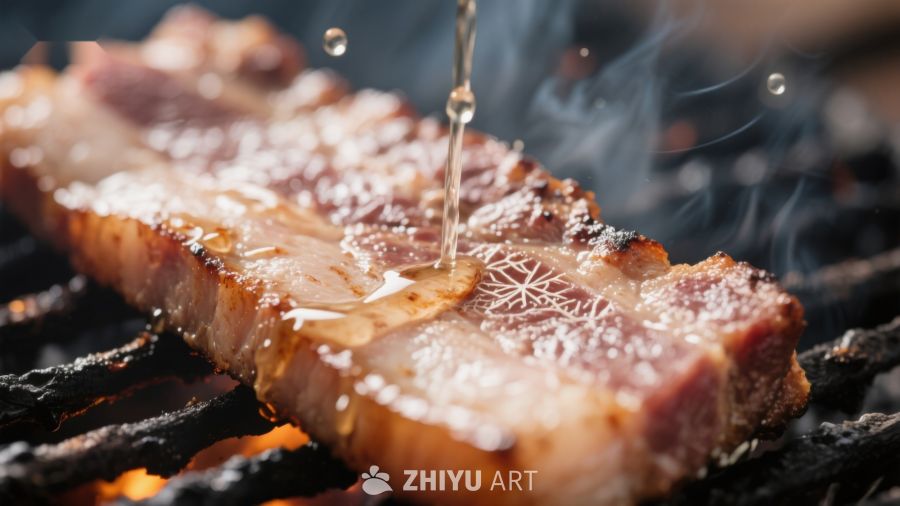 烤肉上的油滴与烟雾
