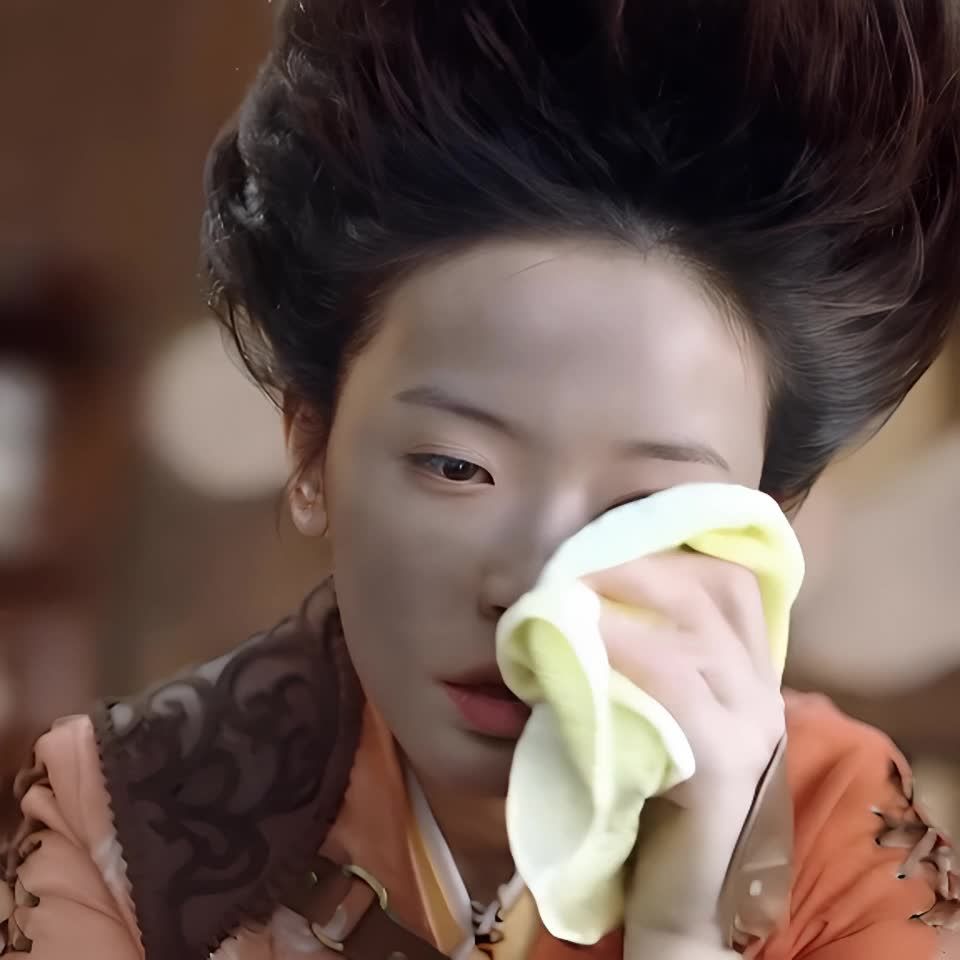 一个年轻女子，她的头发梳成高耸的发型，身穿橙色上衣