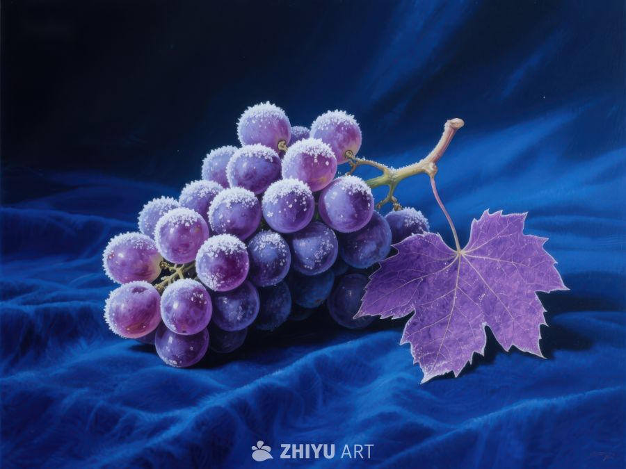 紫葡萄与叶片的静物画 826