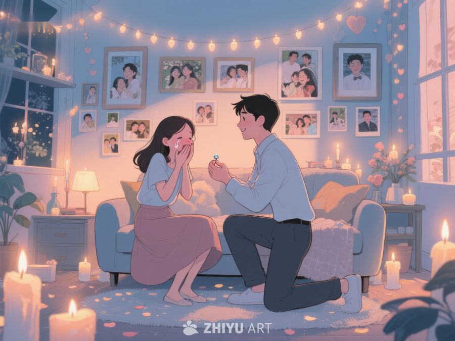 温馨求婚场景，烛光与照片墙环绕 769